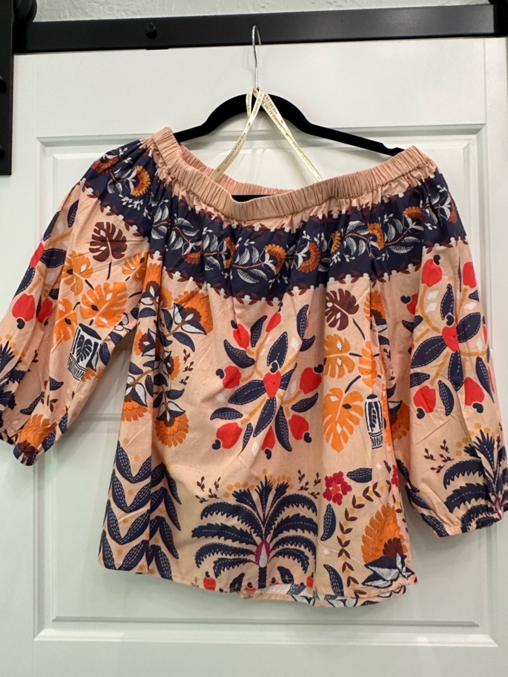 FARM Rio Peach Off-Shoulder Floral Blouse with Navy & Orange Accents